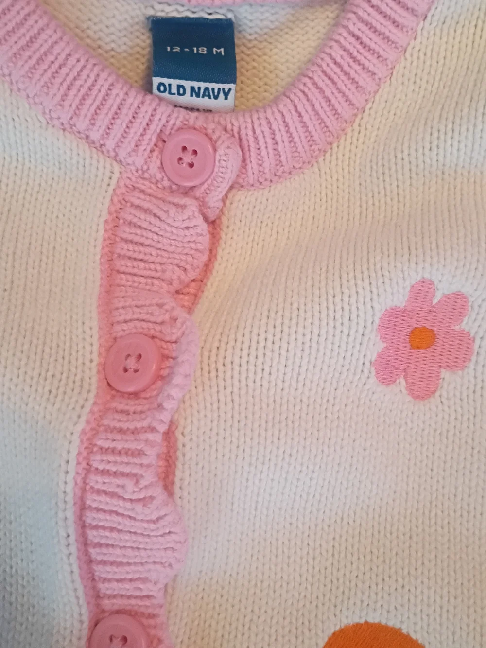 Old Navy White Knit Cardigan with Pink Trim and Fruit Appliqués